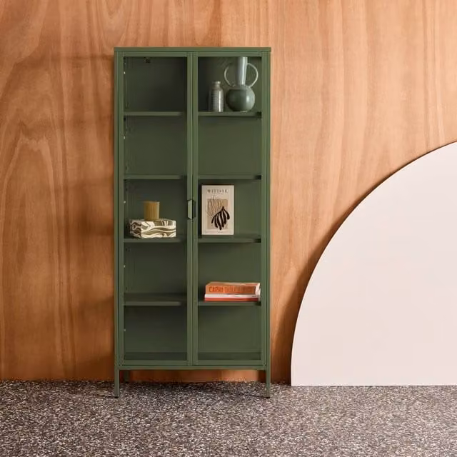 sweeek Industrial Sideboard and China Cabinet in Green with Steel and Tempered Glass and 2 Doors, W/D/H: 180 x 35 x 80 cm – 1