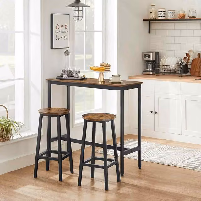 The Bazaarist Breakfast Bar Table Set with 2 Stools in Rustic Brown and Black