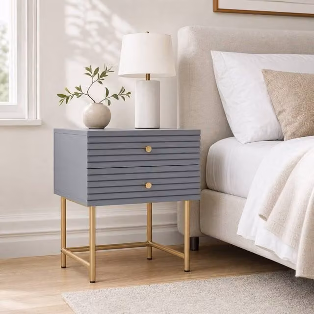 STILVORA Set of 2 Grey Bedside Tables with 2 Drawers and Gold Accents – 1