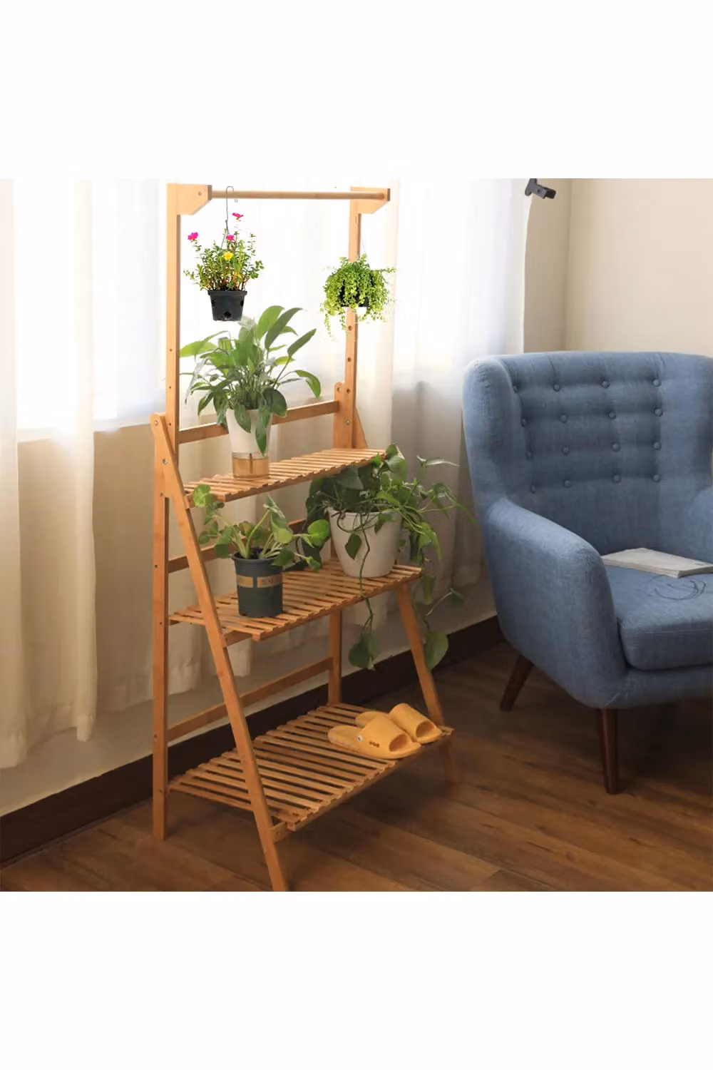 Living and Home 3-Tier Foldable Wooden Ladder Shelf with Hanging Rod in Brown – 3