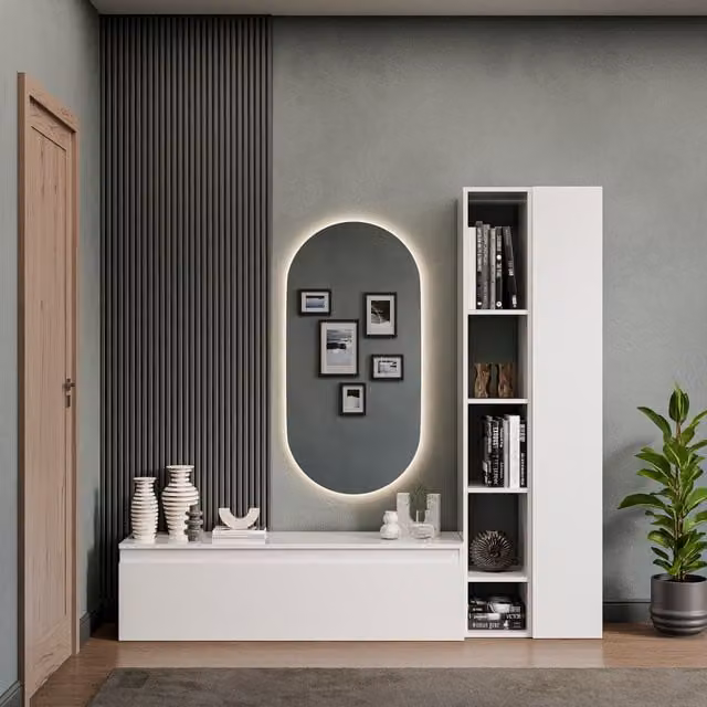 Decorotika Stockholm Scandinavian Wall Mounted Entertainment Center with Integrated Lighting in High Gloss White