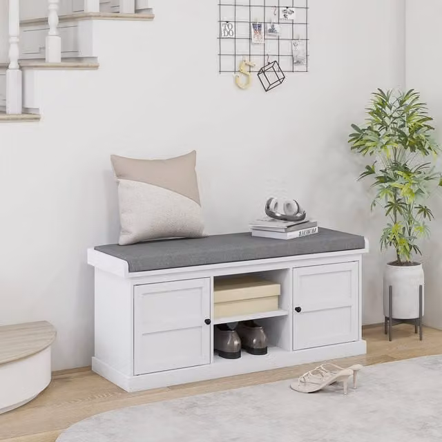 HOMCOM Modern Shoe Bench with Fabric Cushion and 2 Cabinets in White and Grey