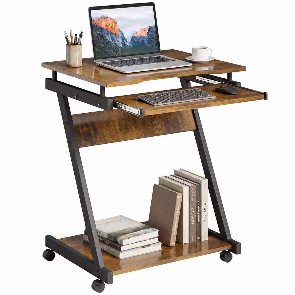 HOMCOM Movable Computer Desk with Castors in Rustic Brown – 2