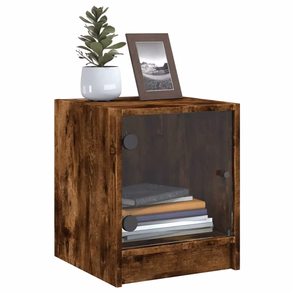 Berkfield Home Bedside Cabinets with Glass Doors, 2 Pack, Smoked Oak Brown, W/D/H: 35 x 37 x 42 cm – 3