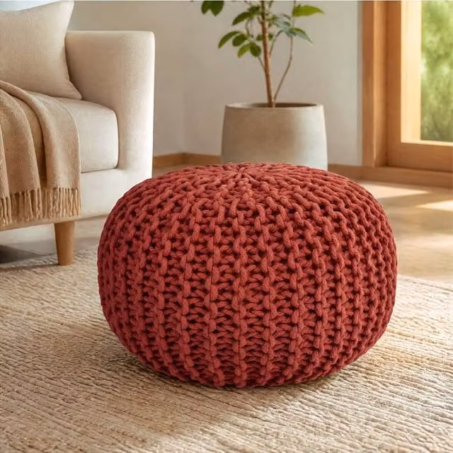 Bravich LTD Chunky Knitted Cotton Pouffe Footstool in Orange, Diameter: 50 cm – 1