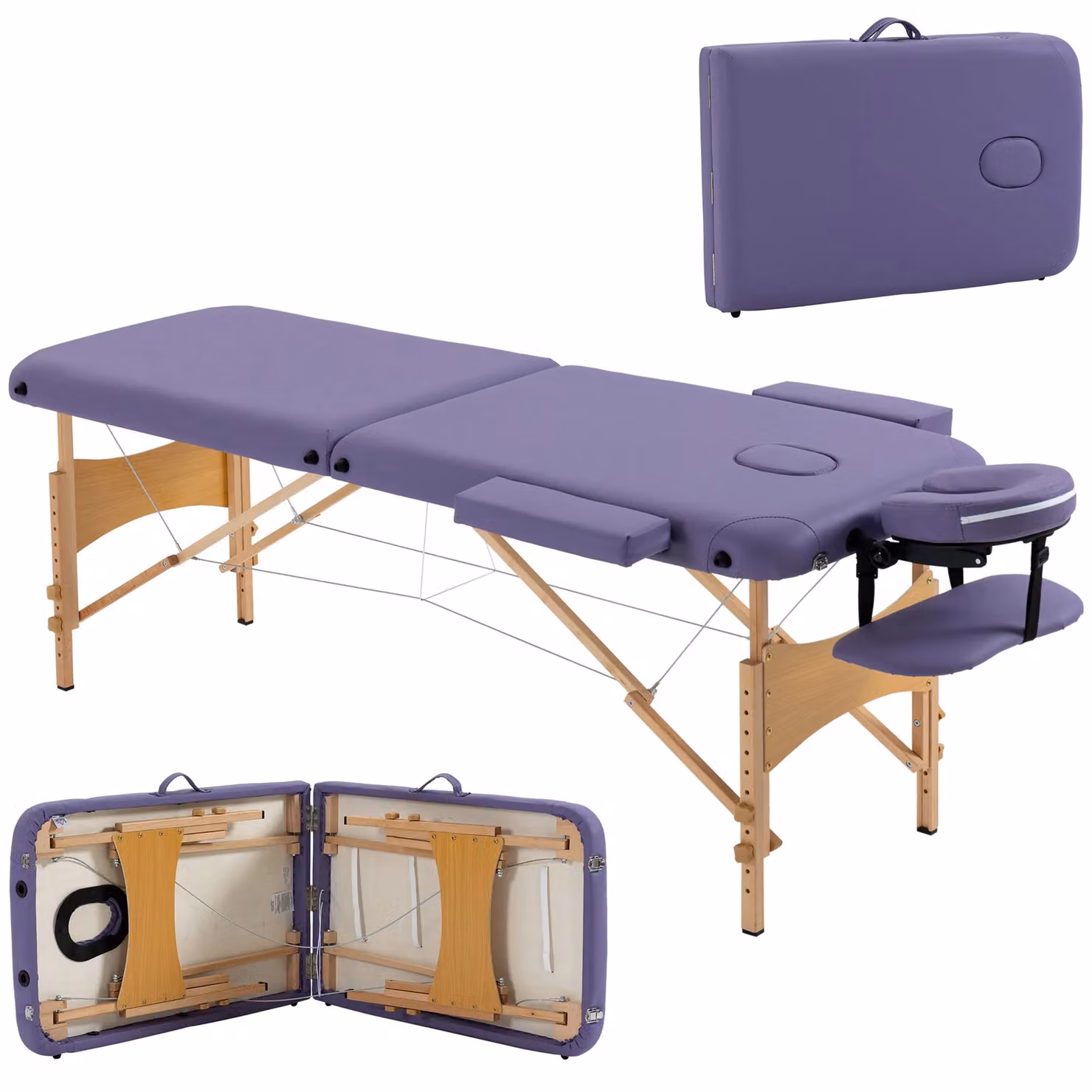 HOMCOM Wooden Folding Spa Beauty Massage Table with 2 Sections and Carry Bag, Purple – 2