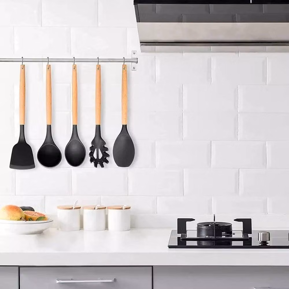 VOGREX 12-Piece Heat Resistant Silicone and Wood Kitchen Utensil Set in Black – 3