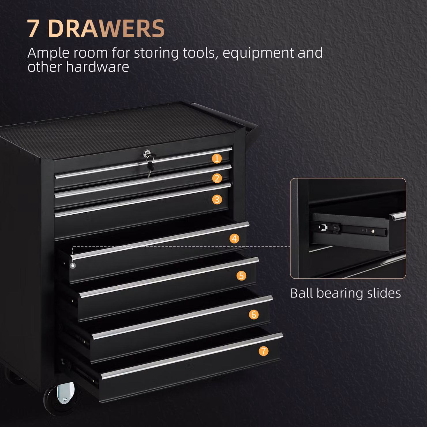 HOMCOM 7-Drawer Steel Tool Cabinet on Wheels with Lockable Rollable Design, Black – 4