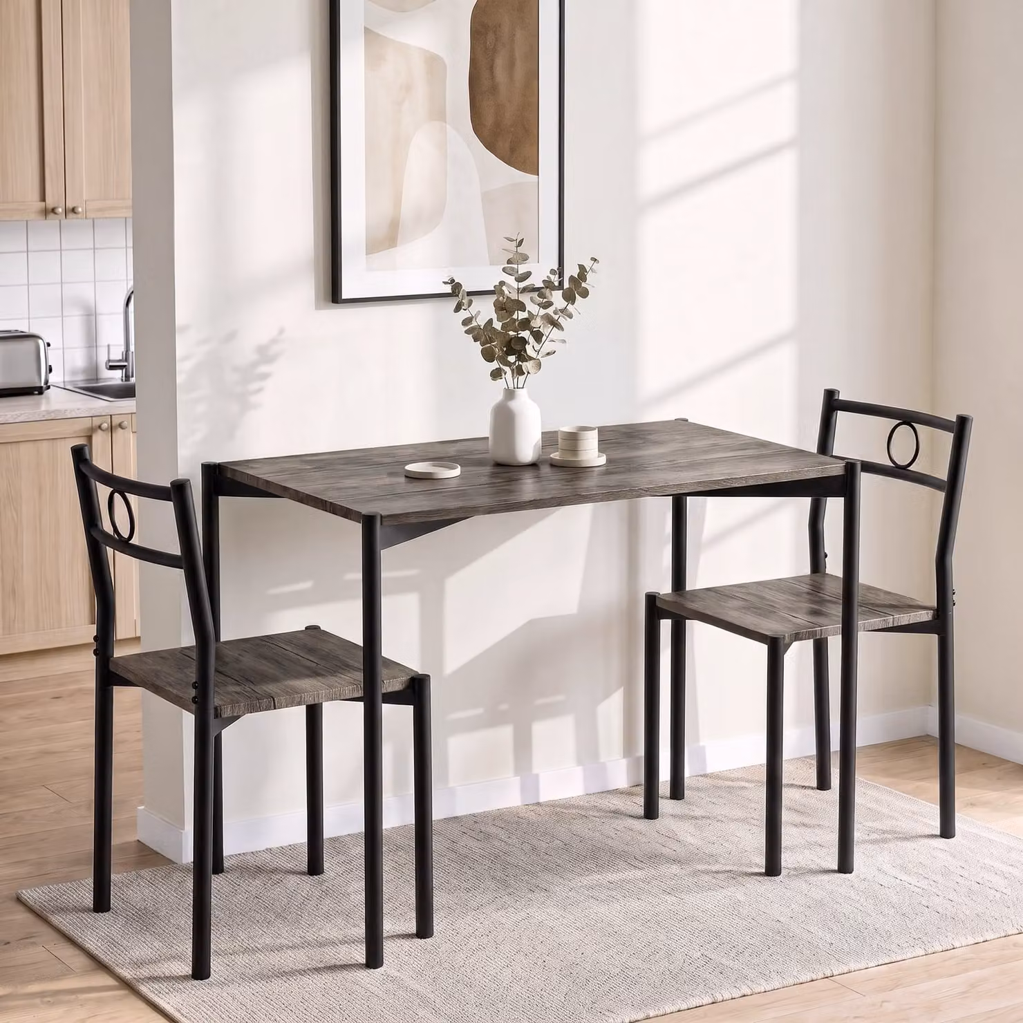 DHS Industrial Rectangular Dining Table and 2 Chairs Set in Brown and White Wood and Metal