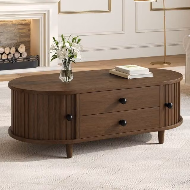 Matteo Oval Walnut MDF Coffee Table with Sliding Storage Doors in Brown, W/D/H: 100 x 50 x 36 cm