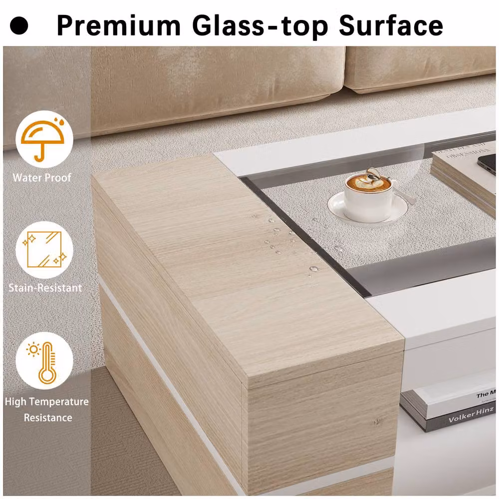 KEEPREAPER Modern Rectangular Coffee Table with Glass Top and Storage in Sand and White – 2