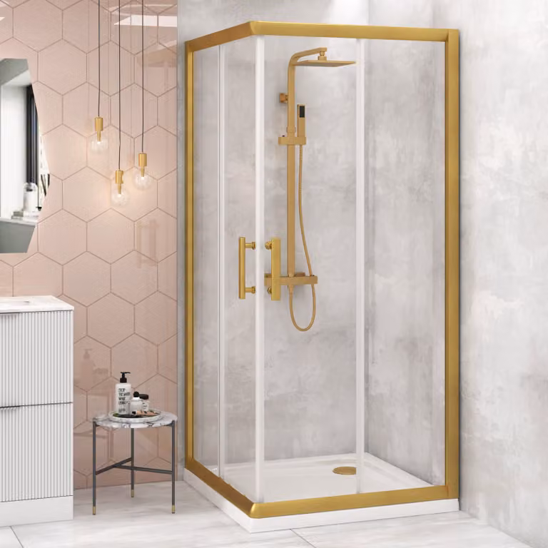 Royal Bathrooms Venice Square Corner Entry Sliding Door Shower Enclosure, Gold