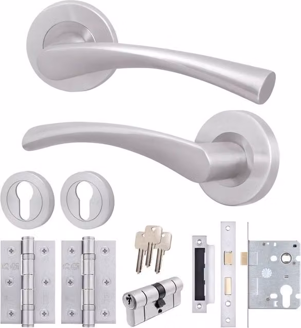 AFIT Satin Door Handle Rose with Double Cylinder and Hinges, 1 Pair, Silver, W/D/H: 15 x 15 x 15 cm – 1