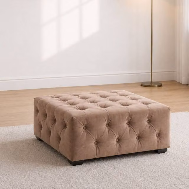Sofaya Hampton Chesterfield Velvet Foot Stool and Coffee Table in Brown, W/D/H: 60 x 60 x 32 cm
