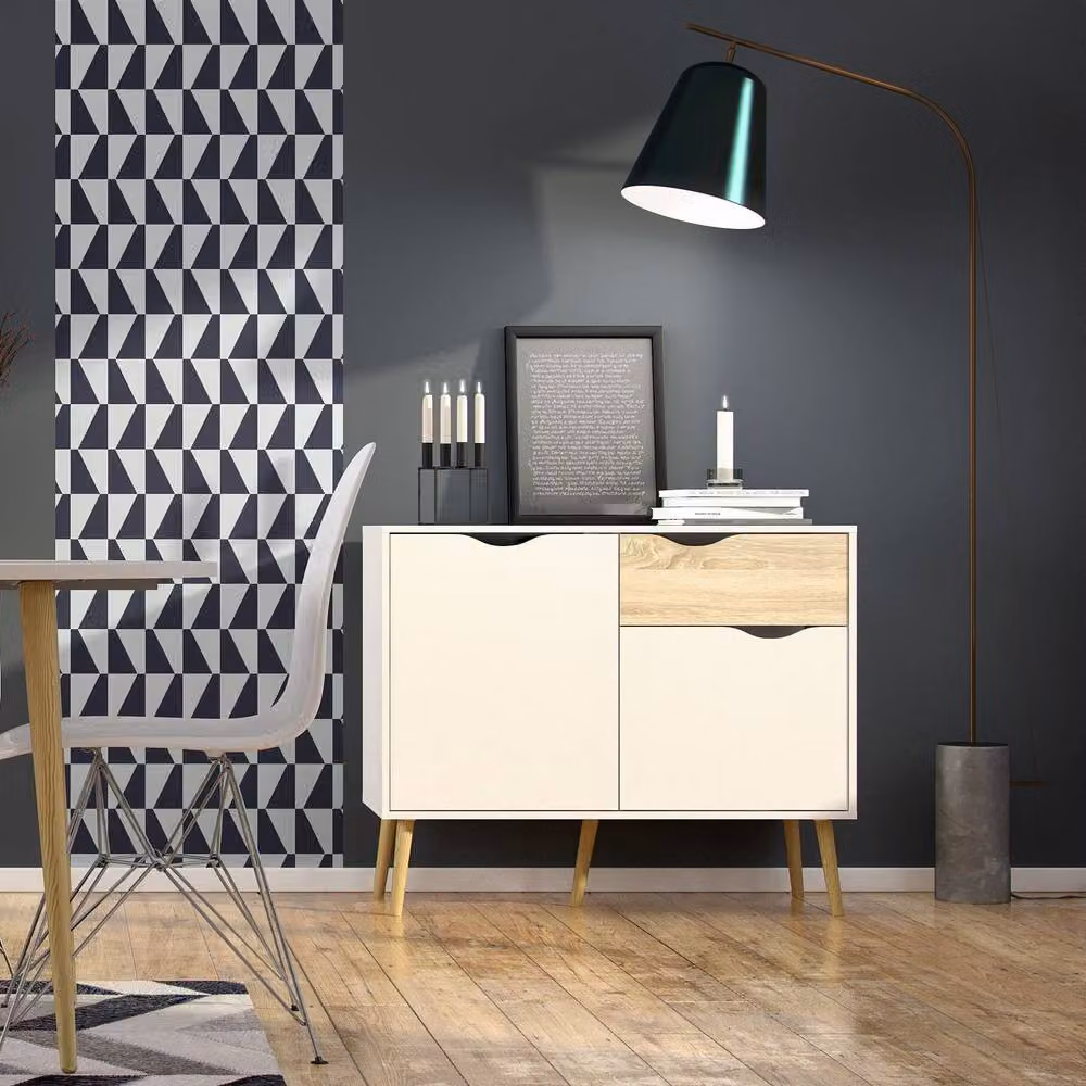CALICOSY Small Scandinavian Sideboard with 2 Doors and 1 Drawer, White and Oak, W: 98.7 cm – 4