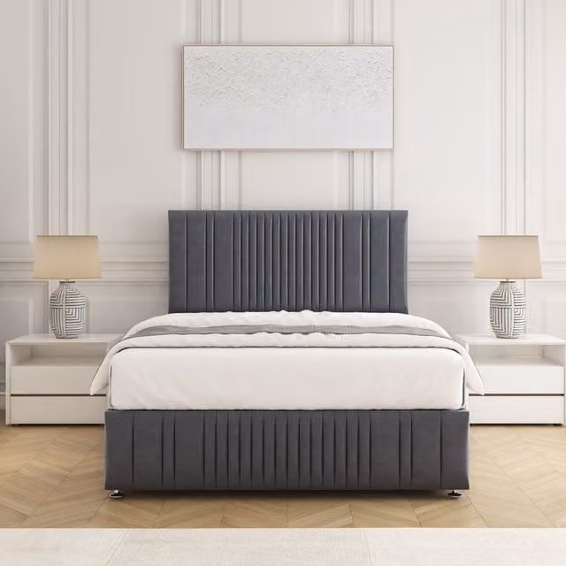 BSSPOKE Rosie Plush Velvet Divan Bed Set with 24 inch Headboard and Mattress in Charcoal Grey, Super King, W/D/H: 200 x 200 cm