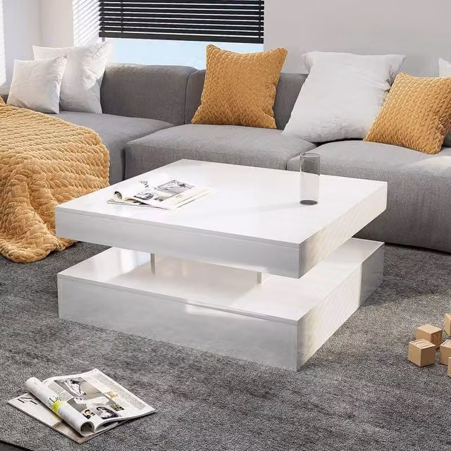 KEEPREAPER Modern Square Coffee Table with Storage and LED Light in White, W/D/H: 78 x 78 x 40 cm – 1