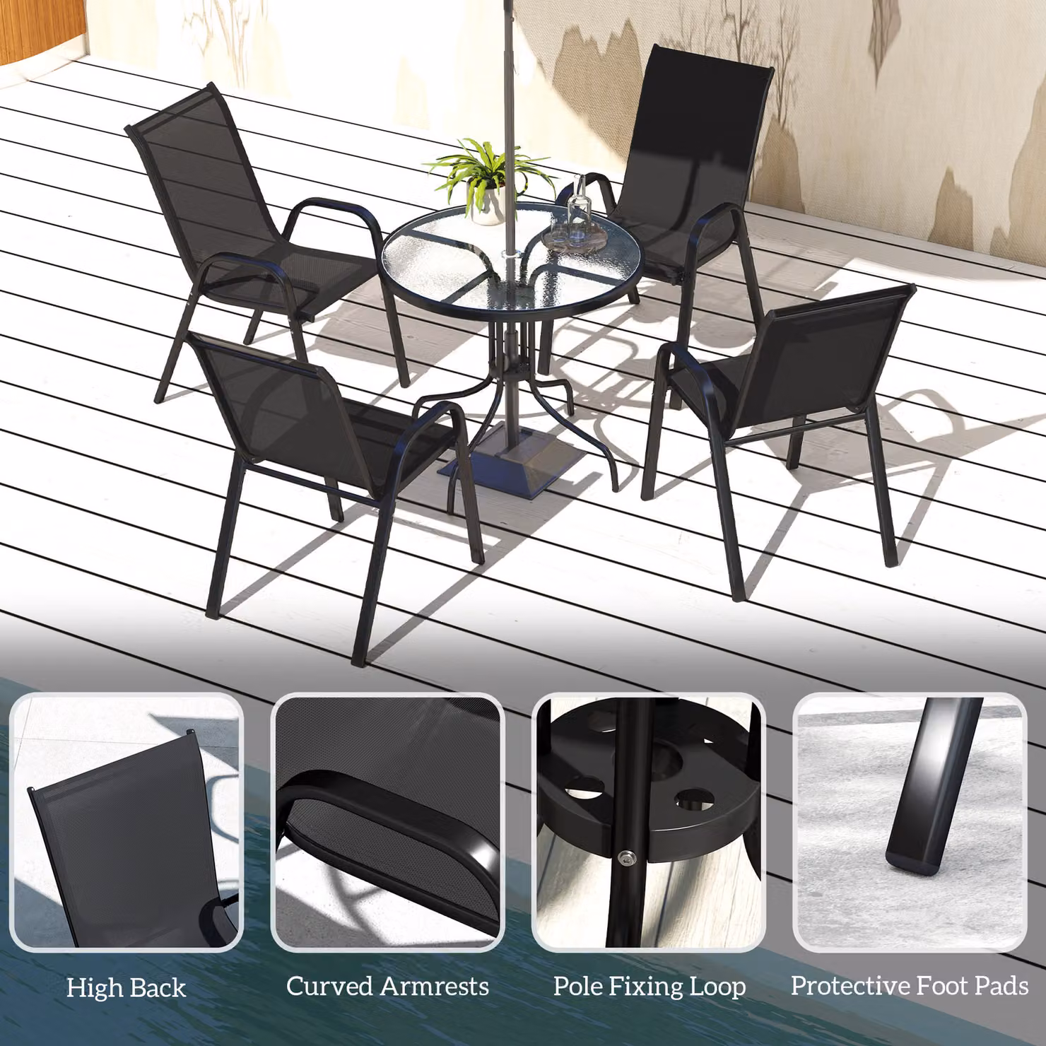 Outsunny Five-Piece Modern Patio Set with Round Glass-Top Table in Black Powder-Coated Steel – 5