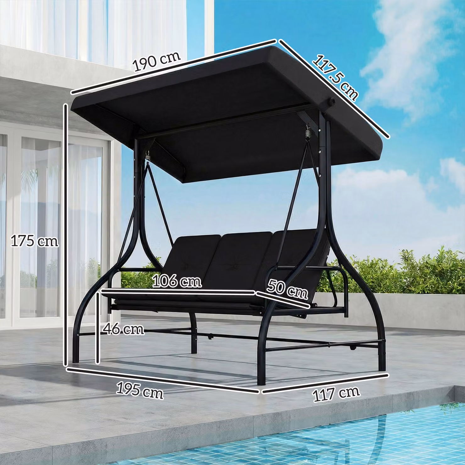 Outsunny 3 Seater Canopy Swing Chair and Convertible Garden Swing Bed in Black with Metal Frame and Cushions – 3