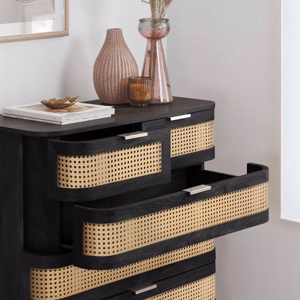 Birlea Noah Mid Century Modern Rattan and Wood 5 Drawer Chest of Drawers in Black – 2
