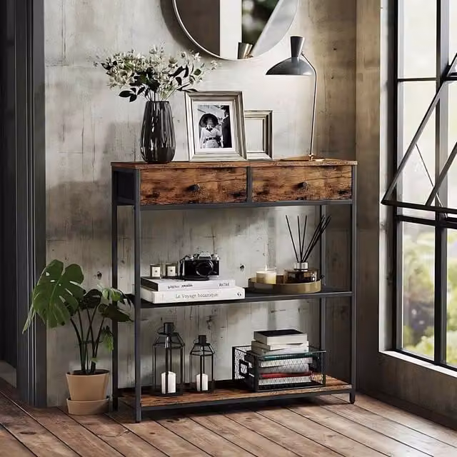 The Bazaarist Narrow Console Table with 2 Drawers and 3 Shelves in Rustic Brown and Ink Black