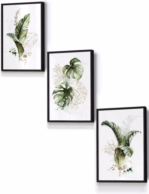 ARTZE Botanical Leaves Framed Wall Art, Green and Gold Illustration in Black Wood, W: 33 cm, H: 45 cm, D: 2 cm