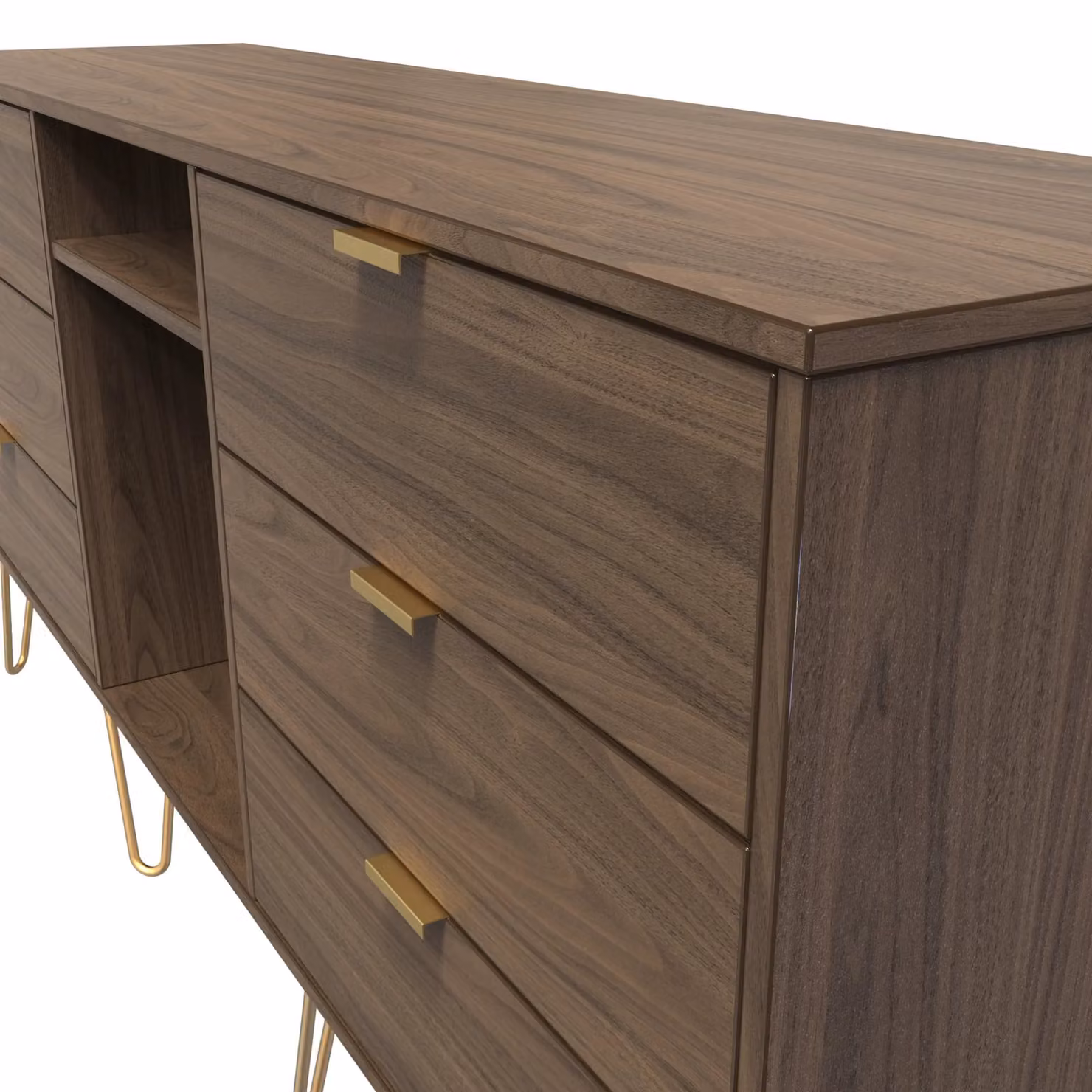 Ready Assembled 2 U Fuji 6 Drawer Sideboard in Walnut with Gold Accents and Soft Close Drawers – 3