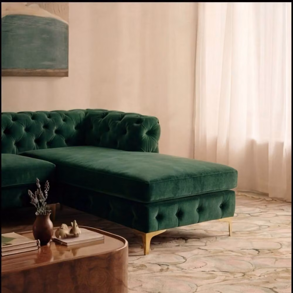 Sofaya Monaco Chesterfield 3 Seater L-Shaped Sofa in Green Velvet with Right Hand Chaise – 3