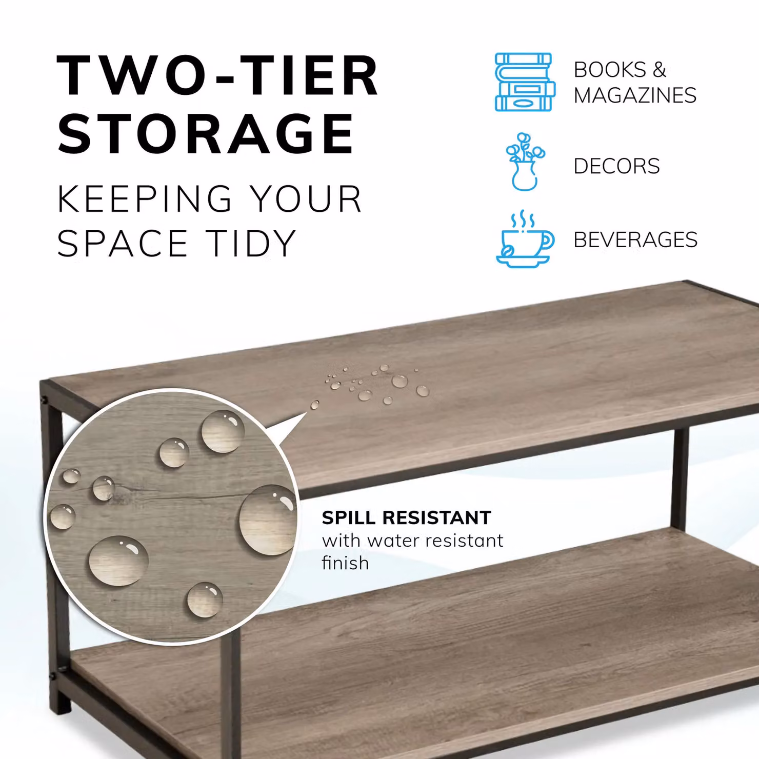 House of Home Rustic 2-Tier Wooden Coffee Table with Storage Shelf in Grey, Black or Brown – 3