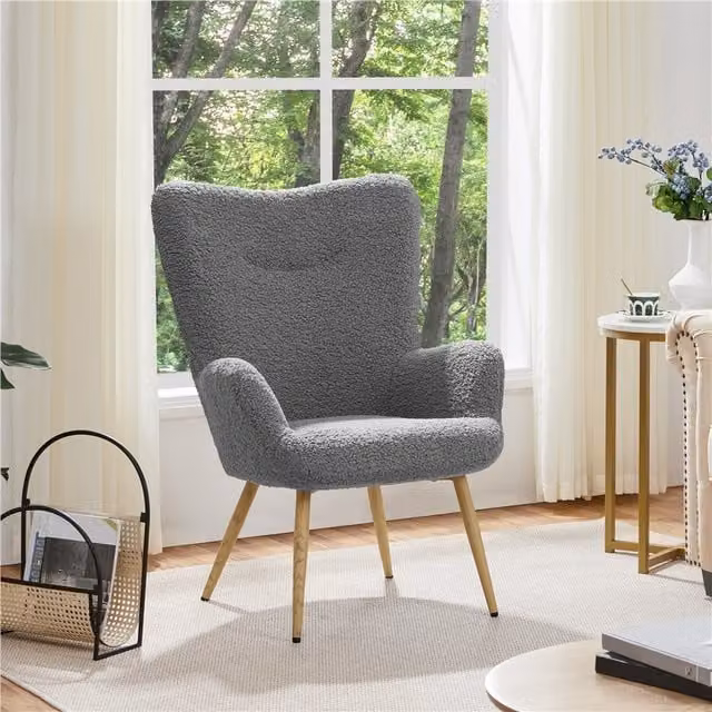 Yaheetech Grey Bouclé Fabric Accent Armchair with Armrests and Metal Frame