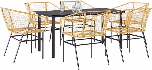 Berkfield Home 7 Piece Modern Garden Dining Set in Brown Poly Rattan with Glass Top