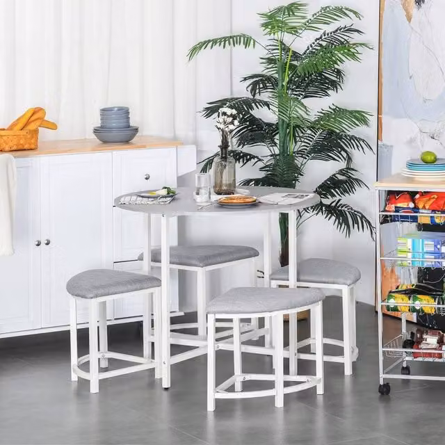 EONLION Modern Round Dining Table Set with 4 Grey Upholstered Stools, Diameter: 100 cm – 1