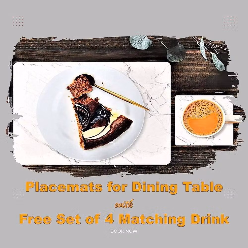 PAWNORA White Marble Effect Rectangular Placemat and Coaster Set – 2