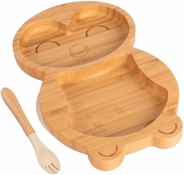 Tiny Dining Bamboo Divided Toddler Weaning Plate and Fork Set, Penguin Design, Beige – 1
