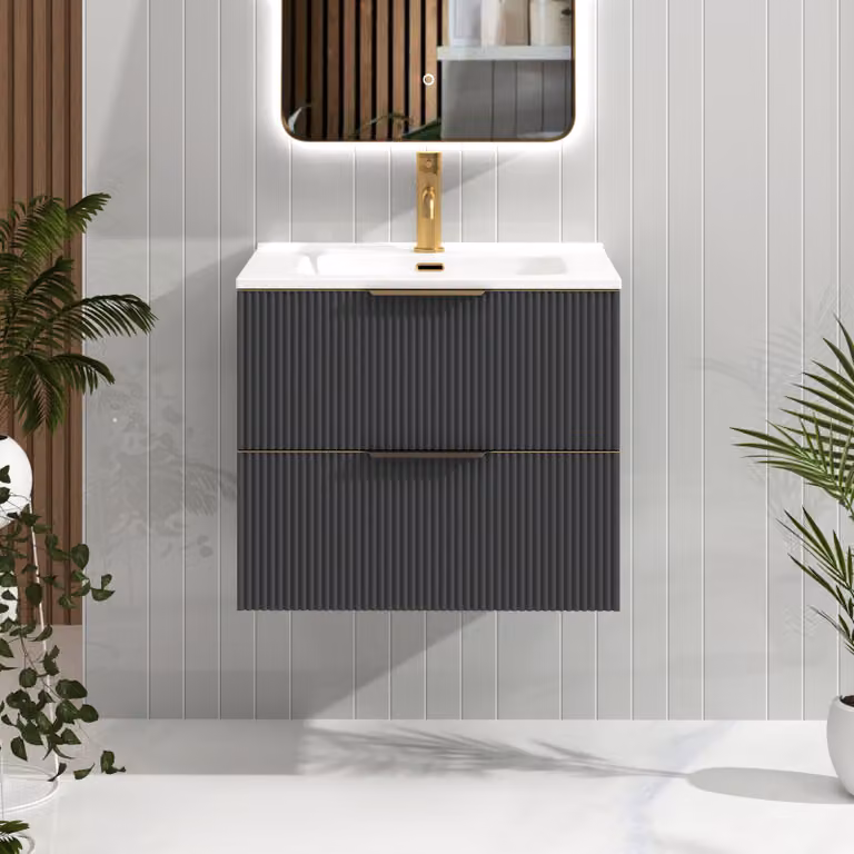Royal Bathrooms Evora 700mm Graphite Grey Fluted Wall Hung Vanity Unit with 2 Drawers, Ceramic Basin and Brushed Brass Handles