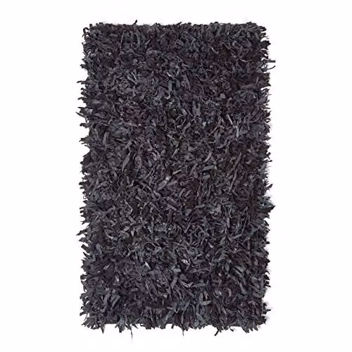 HOMESCAPES Dallas Modern Designer Real Leather Shaggy Rug in Black and Grey, W: 120 cm, D: 180 cm – 2