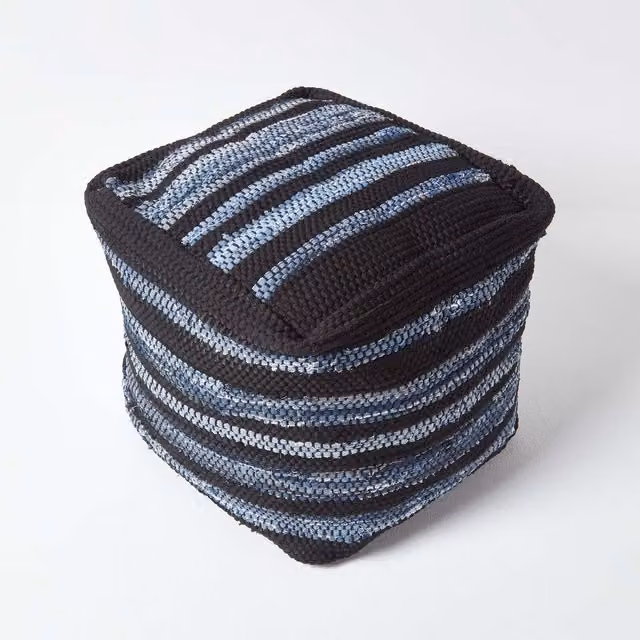 Homescapes Texas Blue Denim and Leather Striped Woven Bean Filled Pouffe, Diameter: 40 cm