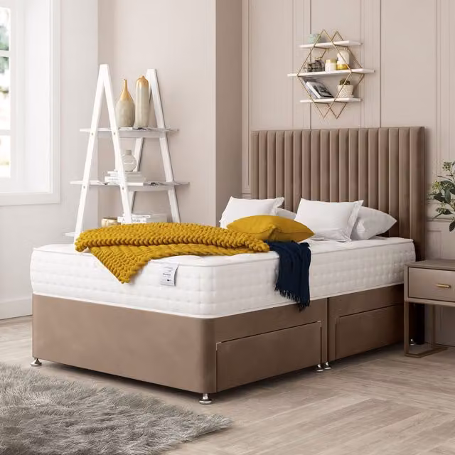 Bed Choices Manhattan Double Divan Bed with 4 Drawers, Mattress and 54 inch Floor Standing Headboard in Brown Velvet Fabric, W/D/H: 140 x 200 cm – 1