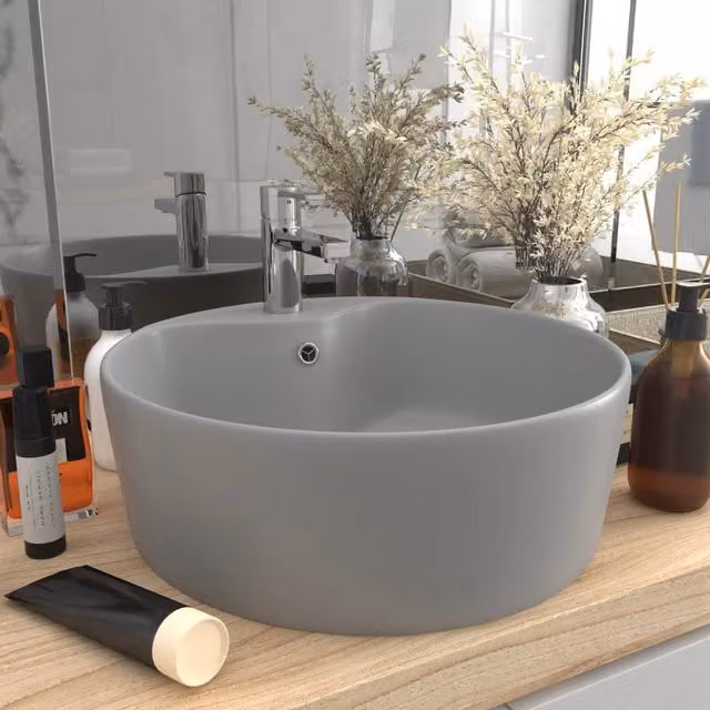 Berkfield Home Luxury Round Ceramic Countertop Wash Basin with Overflow, Matt Light Grey, W/D: 36 x 13 cm – 1