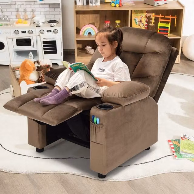 Costway Brown Velvet Kids Recliner Chair with Armrests