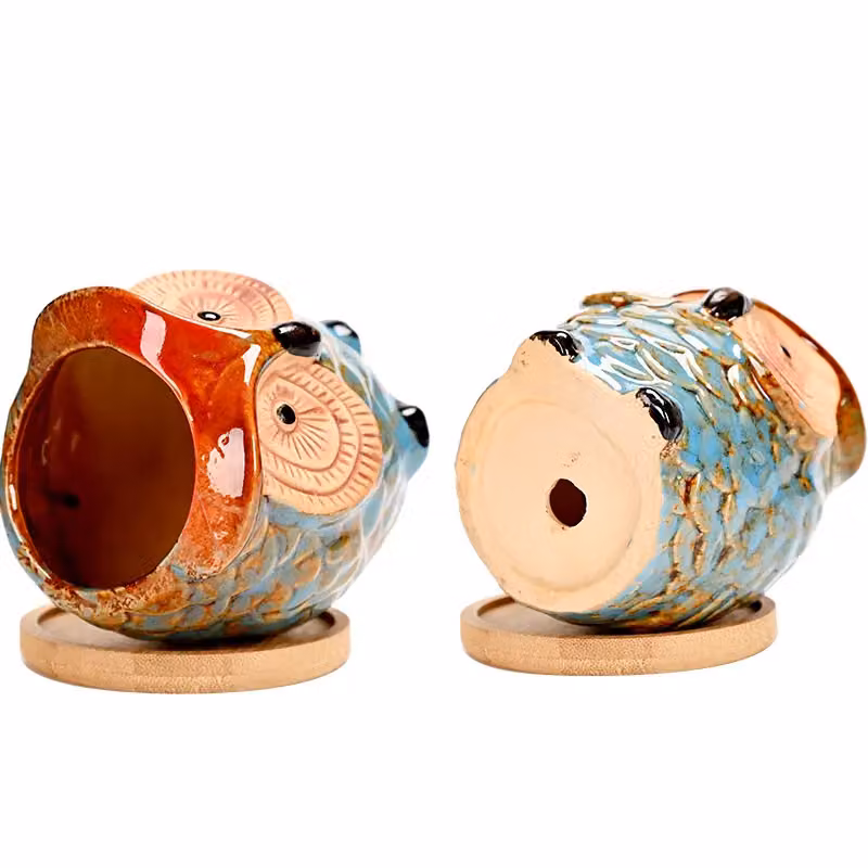 Simpa 6-Piece Big Eye Owl Multicolour Ceramic Plant Pots with Bamboo Bases – 3