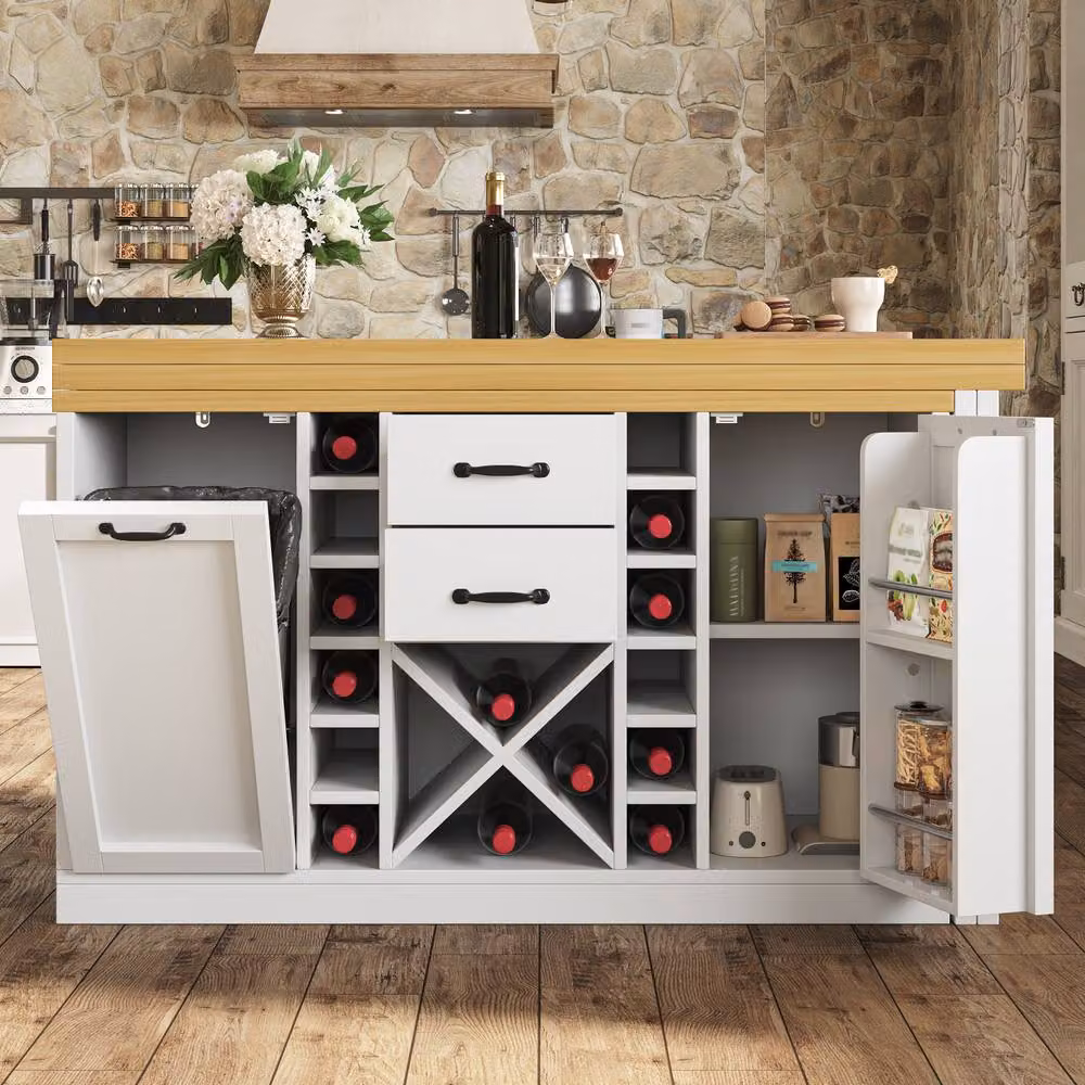 Merax Extending Kitchen Island Dining Table with Wine Rack and Bin Compartment in White – 3