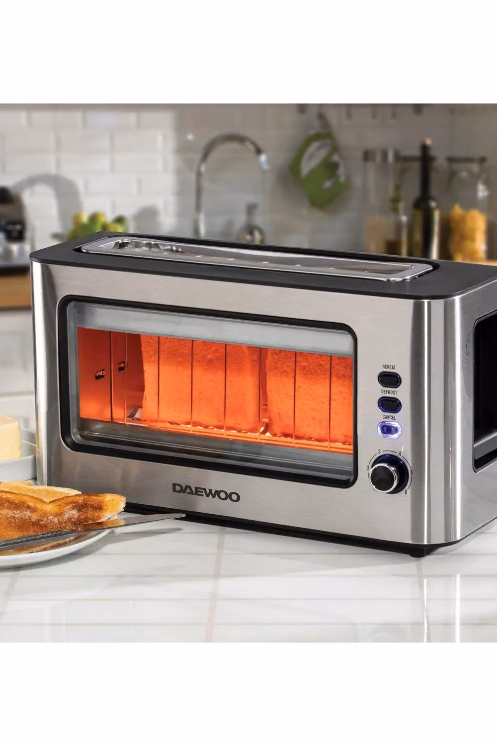Daewoo 2 Slice Glass Front Ultra Wide Toaster in Silver and Transparent – 6