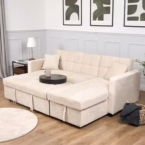 Bravich Milo 3 Seater Velvet Corner Sofa Bed with Storage in Cream, L-Shaped Reversible Pull Out Guest Bed – 2