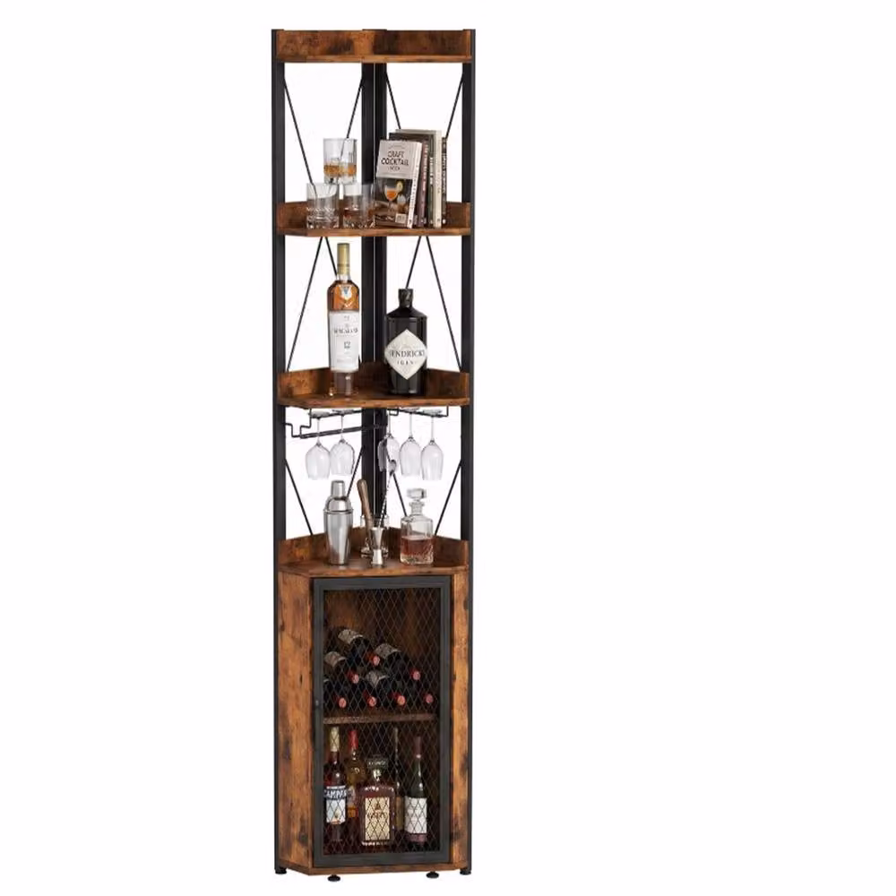 London Boutique Industrial Corner Bar Cabinet and Wine Storage Sideboard in Brown and Black with Glass Holder, Height: 178 cm – 7