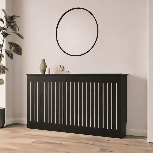 Home Source Modern Lacquered MDF Radiator Cover with Striped Design in Black and White, Width: 170 cm