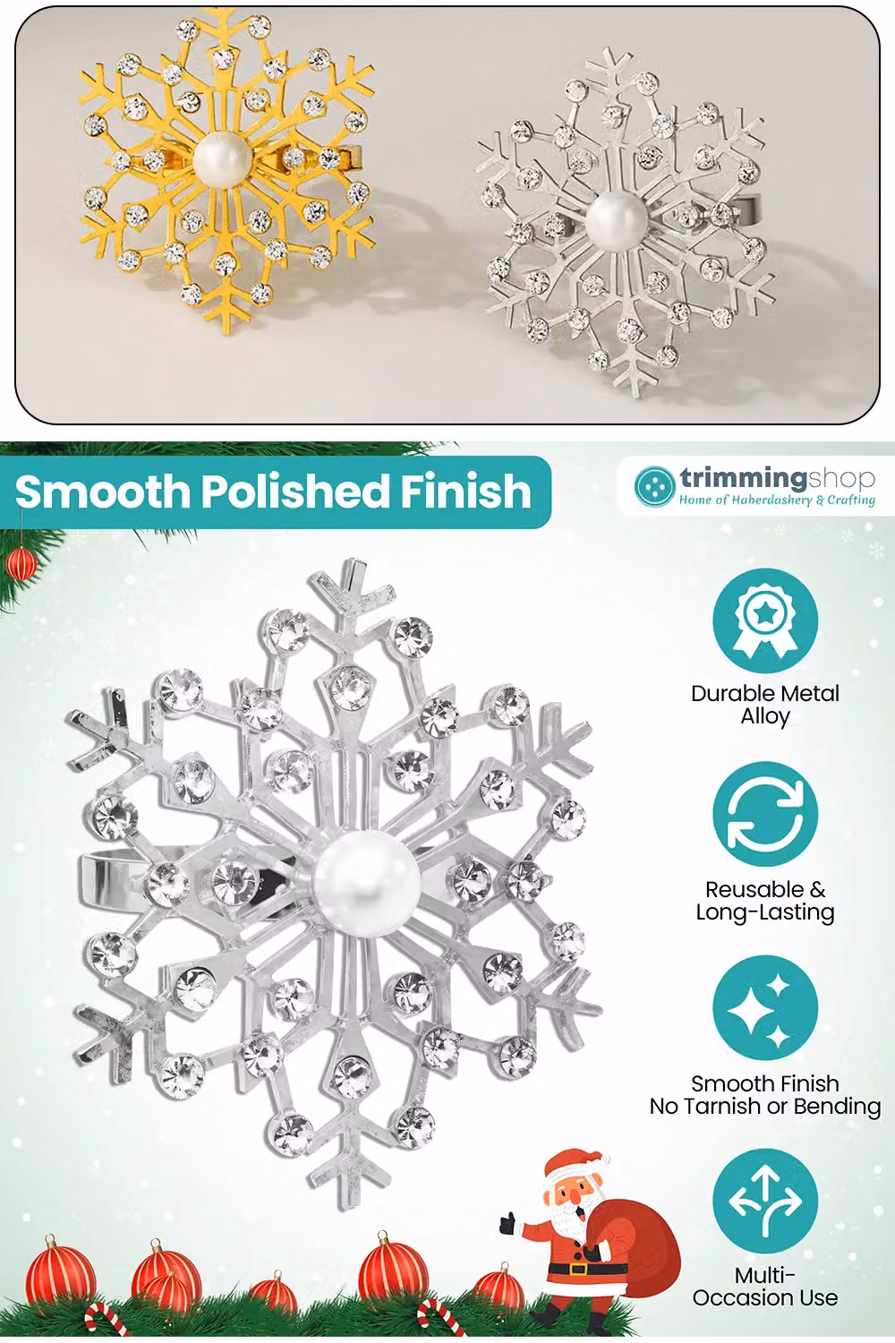 Neel Blue Silver Snowflake Napkin Rings with Faux Pearls and Diamante Rhinestones, 6 Pieces – 2