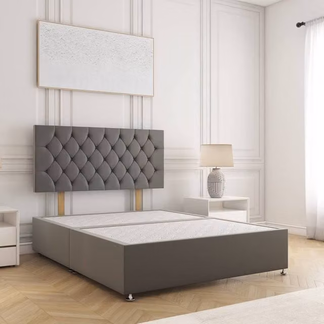 BSSPOKE Mia King Size Divan Bed with 24 inch Plush Velvet Headboard in Grey, W/D/H: 180 x 200 cm