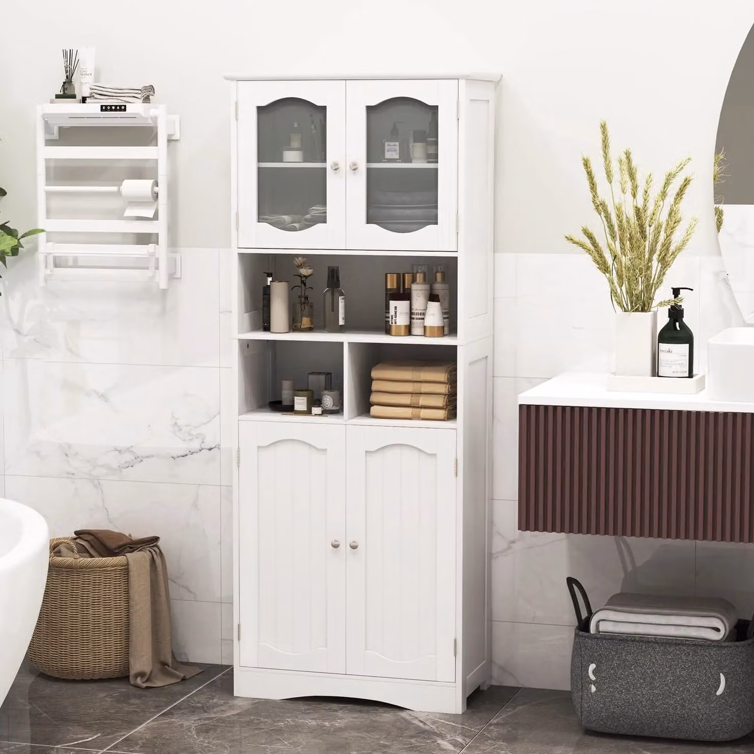 Gymax Freestanding Tall Bathroom Cabinet with Glass Doors and Adjustable Shelves in White – 2
