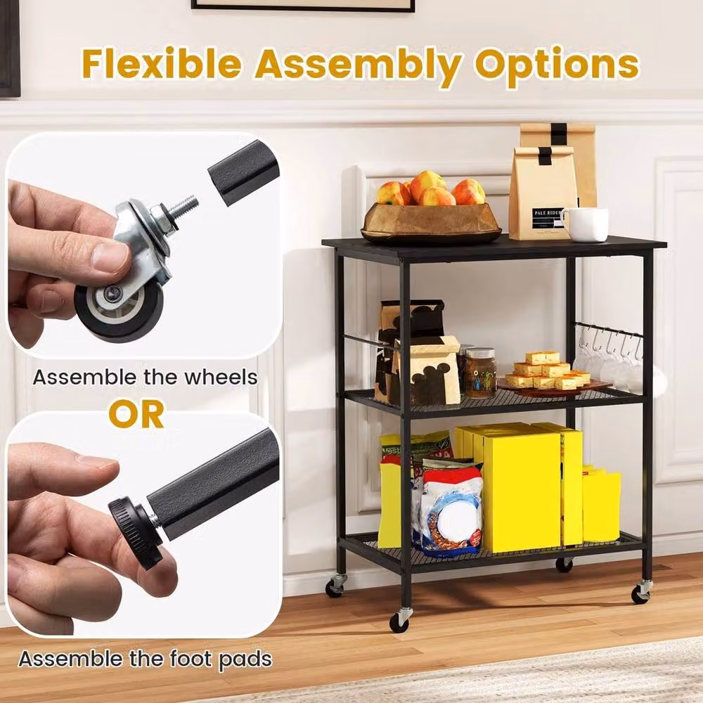 VOGREX Black Industrial Lockable Rolling Kitchen Serving Trolley with Castors – 5